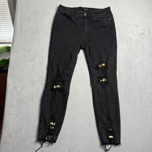 Judy Blue Jeans Womens 29 Black Leopard Patch Skinny Mid Rise Distressed‎